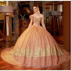 Gold Sparkly Charro Quinceanera Dresses Ball Gown Off The Shoulder Sequins Lace Mexican Sweet 16 Dresses 15 Anos