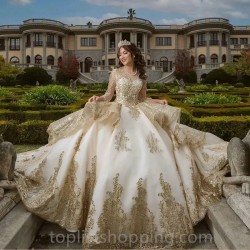 Gold Sweetheart Beaded Quinceanera Dresses With Long Sleeve Princess Sweet 16 15 Ball Gowns Vestidos De Fiesta