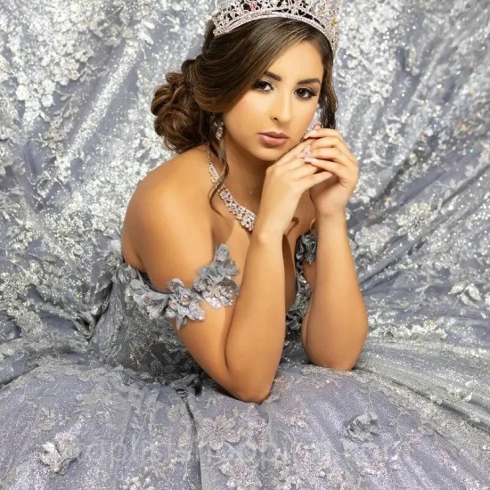 Grey Quinceanera Dress Off The Shoulder Appliques Lace Tull Cut-Out Beads Sequin For 15 Girls Ball Formal Gowns