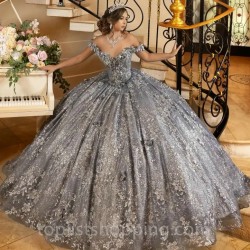 Grey Quinceanera Dress Off The Shoulder Appliques Lace Tull Cut-Out Beads Sequin For 15 Girls Ball Formal Gowns