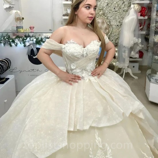 Ivory Quincenara Dress Glitter Crystal Ruffles Pleat Ball Gown Off The Shoulder Applique Lace Tull Corset Vestidos 15 De XV Años