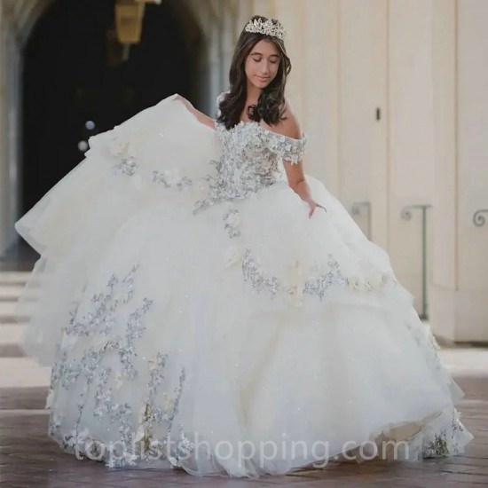 Ivory Off Shoulder Quinceanera Dress Ball Gown Dress 3D Flower Applique Lace Sweetheart Sweet 16 Vestidos De Fiesta