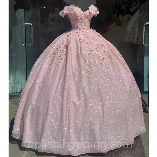 Off-Shoulder Lavender Ball Gown Quinceanera Dresses 15 Years Sexy 3D Flower Tulle Formal Princess Birthday Gowns