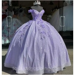 Off-Shoulder Lavender Ball Gown Quinceanera Dresses 15 Years Sexy 3D Flower Tulle Formal Princess Birthday Gowns