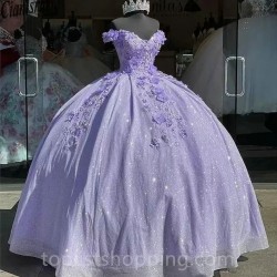 Off-Shoulder Lavender Ball Gown Quinceanera Dresses 15 Years Sexy 3D Flower Tulle Formal Princess Birthday Gowns