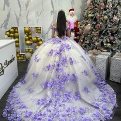 Off The Shoulder Lavender Ball Gown Quinceanera Dresses For Girls Beaded 3D Flowers Birthday Party Gowns