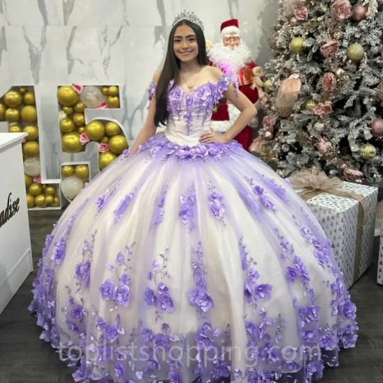 Off The Shoulder Lavender Ball Gown Quinceanera Dresses For Girls Beaded 3D Flowers Birthday Party Gowns