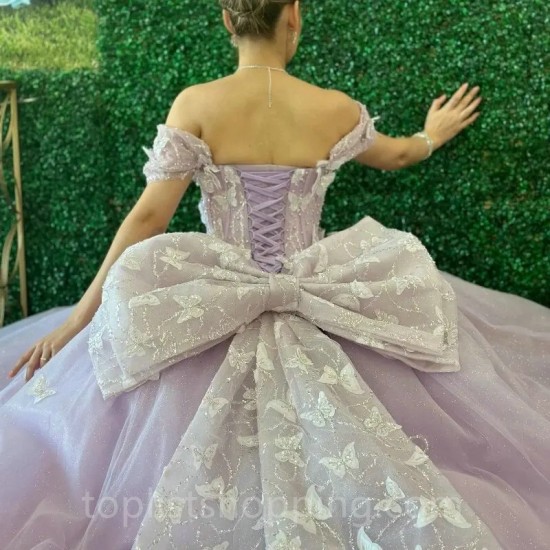 Butterfly Lavender Princess Quinceanera Dresses With Bow Beads Off-Shoulder Vestidos De 15 Anos Party Prom Dress