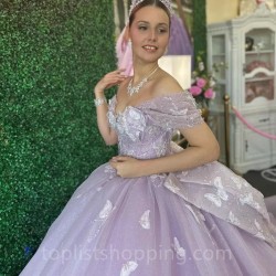 Butterfly Lavender Princess Quinceanera Dresses With Bow Beads Off-Shoulder Vestidos De 15 Anos Party Prom Dress