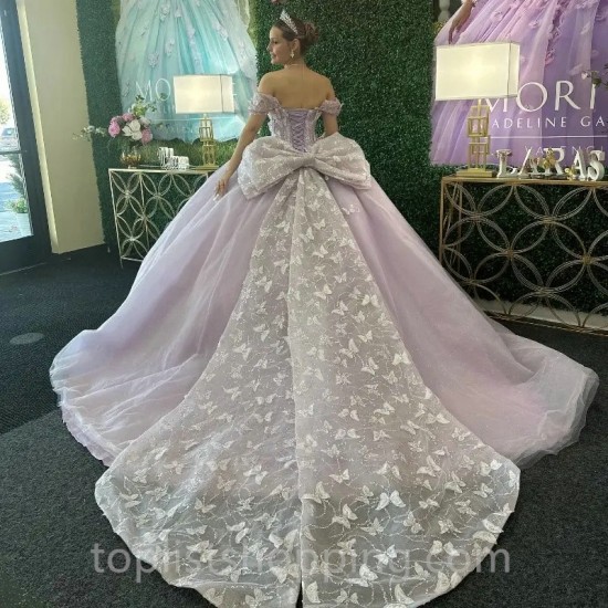 Butterfly Lavender Princess Quinceanera Dresses With Bow Beads Off-Shoulder Vestidos De 15 Anos Party Prom Dress