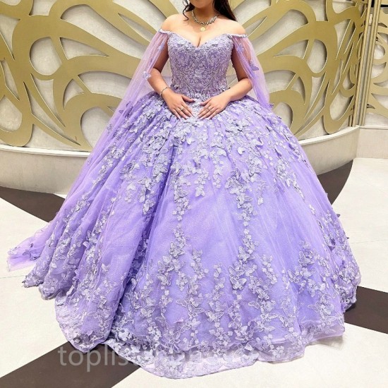 Beading Lavender Princess Quinceanera Dresses Lace Appliques Bow With Cape Sweet 16 Birthday Party Vestidos De 15 XV Anos