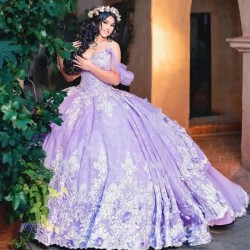 Off Shoulder Lavender Princess Quinceanera Dresses 3D Floral Applique Gillter Sequins Corset Prom Vestidos 15