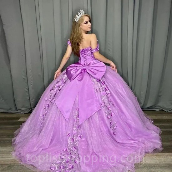 Sweet 16 Girl Lavender Prom Dresses Appliques Lace Beading 3D Flower Princess Ball Gown Quinceanera Dresses