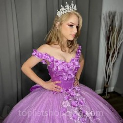 Sweet 16 Girl Lavender Prom Dresses Appliques Lace Beading 3D Flower Princess Ball Gown Quinceanera Dresses