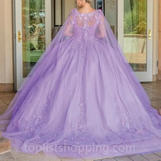 Lavender Quinceanera Dresses Ball Gown Applique Flower Beads Birthday Party Dress Lace Up Graduation Gown