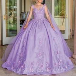 Lavender Quinceanera Dresses Ball Gown Applique Flower Beads Birthday Party Dress Lace Up Graduation Gown