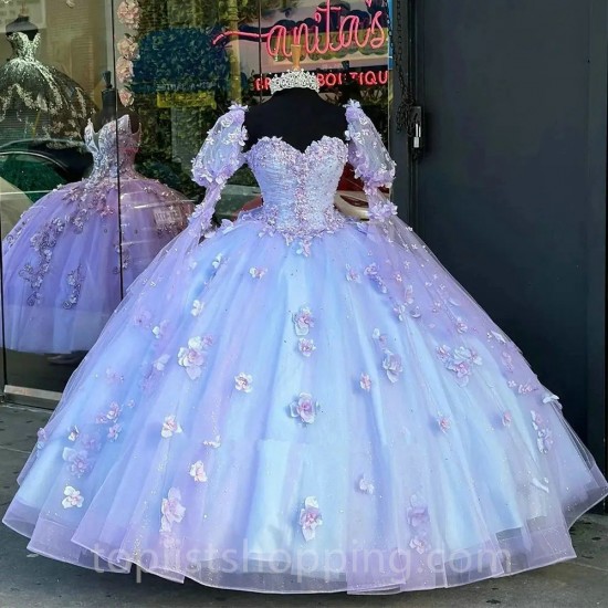 Lavender Quinceanera Dresses Vestidos De 15 Anos Puff Sleeve 3D Flower Appliques Lace Cinderella 16 Princess Gowns