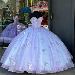 Lavender Quinceanera Dresses Vestidos De 15 Anos Puff Sleeve 3D Flower Appliques Lace Cinderella 16 Princess Gowns