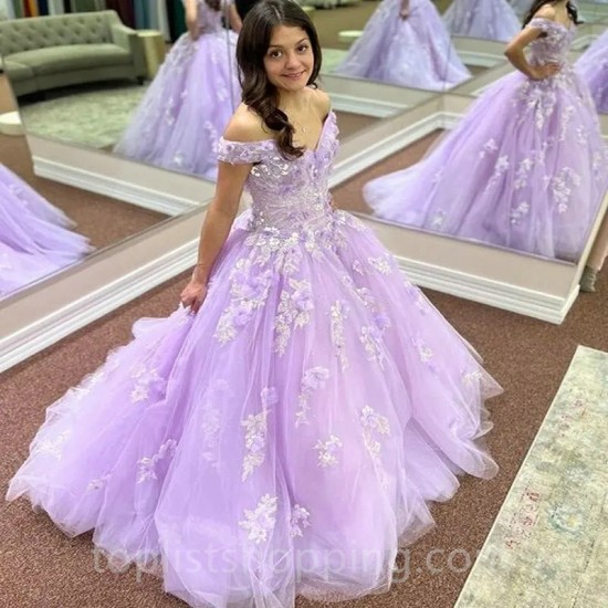 Lavender Quinceanera Dresses with 3D Flower Beading Lace Cinderella Princess Ball Gowns