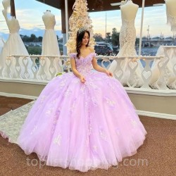 Lavender Quinceanera Dresses with 3D Flower Beading Lace Cinderella Princess Ball Gowns