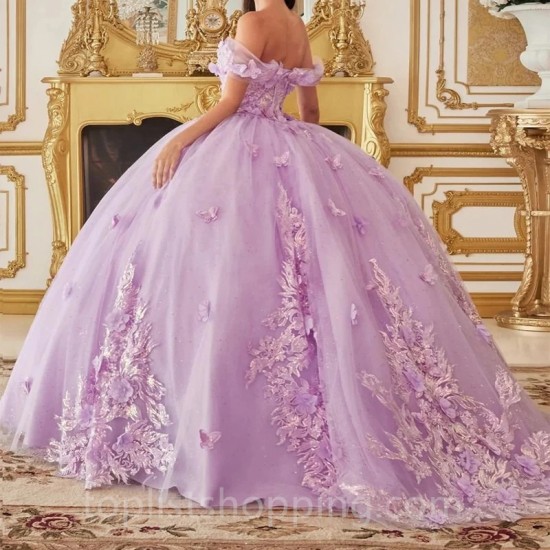 Lavender Shiny Ball Gown Quinceanera Dresses 2024 3DFlowers Applique Beading Sweet 15 16 Dress Corset vestidos de 15 años