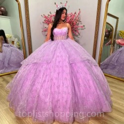 Lavender Shiny Off The Shoulder Ball Gown Quinceanera Dress 2024 Beaded Lace Birthday Gowns