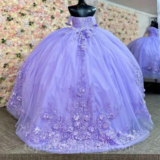 Lavender Shiny Princess Quinceanera Dresses Ball Gown Off The Shoulder Tulle Appliques Lace Sweet 16 Dresses