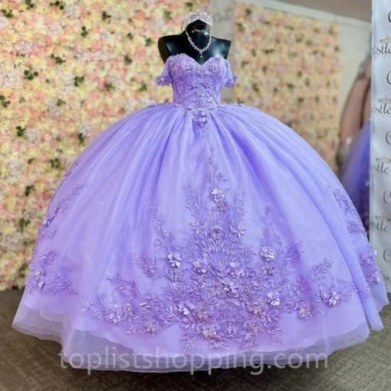 Lavender Shiny Princess Quinceanera Dresses Ball Gown Off The Shoulder Tulle Appliques Lace Sweet 16 Dresses