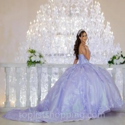 Lavender Shiny Princess Quinceanera Dresses Off Shoulder Sparkly Flowers Appliques Lace Crystal Vestidos De 15 Años