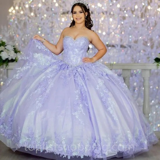 Lavender Shiny Princess Quinceanera Dresses Off Shoulder Sparkly Flowers Appliques Lace Crystal Vestidos De 15 Años