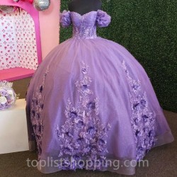 Lavender Shiny Quinceanera Dress Off the Shoulder Lace Applique Sweet 16 Anos Ball Gown