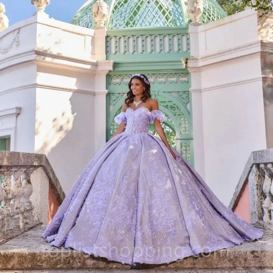 Sweetheart Lavender Shiny Quinceanera Dresses Lace Appliques Beading Tired Off the Shoulder Princess Ball Gown