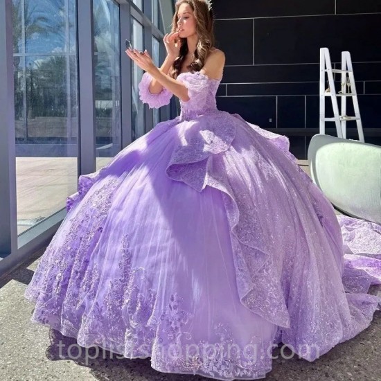 Lavender Sweetheart Quinceanera Dresses Party Off the Shoulder Evening Prom Dress