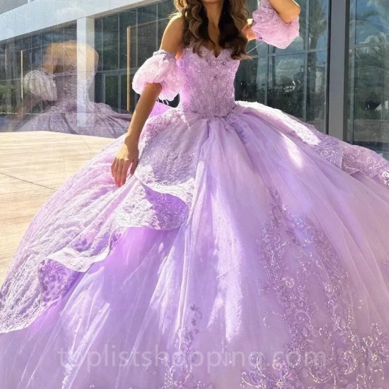 Lavender Sweetheart Quinceanera Dresses Party Off the Shoulder Evening Prom Dress