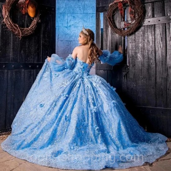 Crystal Light Blue 3D Flowers Glitter Ball Gown Quinceanera Dresses Detachable Sleeve Corset Vestidos De 15 Años