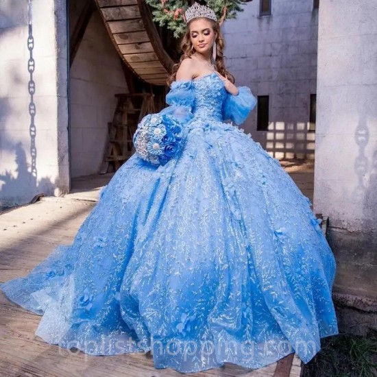 Crystal Light Blue 3D Flowers Glitter Ball Gown Quinceanera Dresses Detachable Sleeve Corset Vestidos De 15 Años