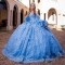 Crystal Light Blue 3D Flowers Glitter Ball Gown Quinceanera Dresses Detachable Sleeve Corset Vestidos De 15 Años