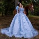 Light Blue Off The Shoulder Bow Ball Gown Quinceanera Dresses Sequined Appliques Lace Corset Vestidos De 15 Años