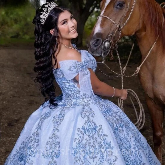 Light Blue Off The Shoulder Bow Ball Gown Quinceanera Dresses Sequined Appliques Lace Corset Vestidos De 15 Años