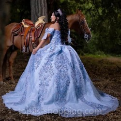 Light Blue Off The Shoulder Bow Ball Gown Quinceanera Dresses Sequined Appliques Lace Corset Vestidos De 15 Años