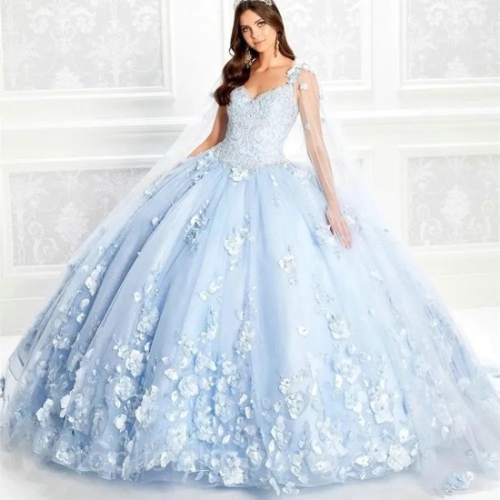 Ruffles Light Blue Sweetheart Ball Gown Off the Shoulder Quinceanera Dresses Beading Tull Corset Vestidos De 15