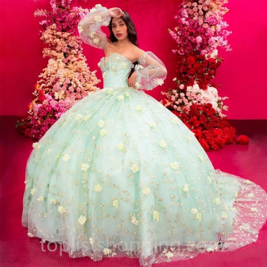 Light Green Ball Gown Quinceanera Dresses Yellow 3D Flower Applique Beading Princess Birthday Party Prom Gown vestidos de 15 año