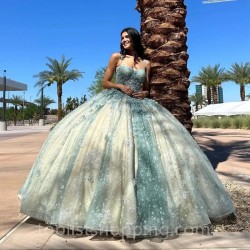 Mexican Light Green Champagne Quinceanera Dresses With Corset Prom Lace Up vestido 15 quinceañeras