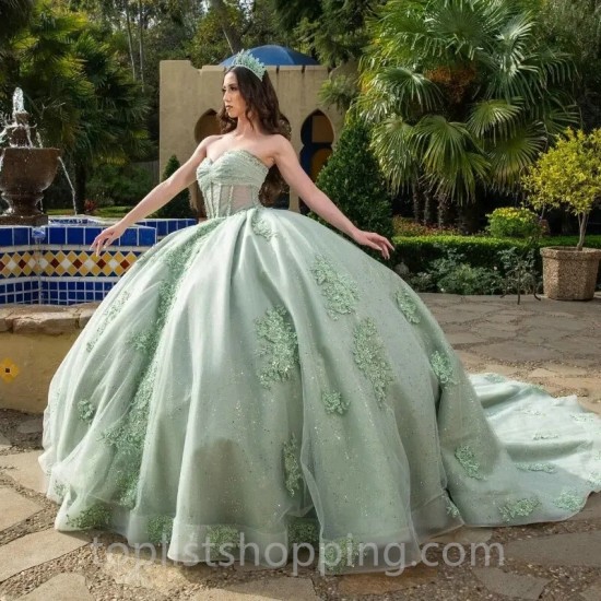 Off Shoulder Light Green Glitter Tulle Princess Quinceanera Dresses Applique Lace-up Prom vestido de 15 verde