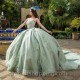 Off Shoulder Light Green Glitter Tulle Princess Quinceanera Dresses Applique Lace-up Prom vestido de 15 verde