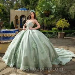 Off Shoulder Light Green Glitter Tulle Princess Quinceanera Dresses Applique Lace-up Prom vestido de 15 verde