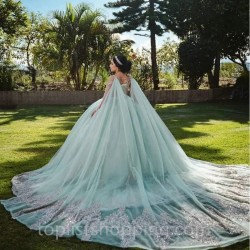 Light Green Off Shoulder Glittered Quinceanera Dress Gold Applique Lace With Cape Long Sleeved