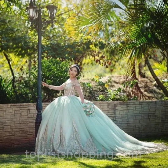 Light Green Off Shoulder Glittered Quinceanera Dress Gold Applique Lace With Cape Long Sleeved