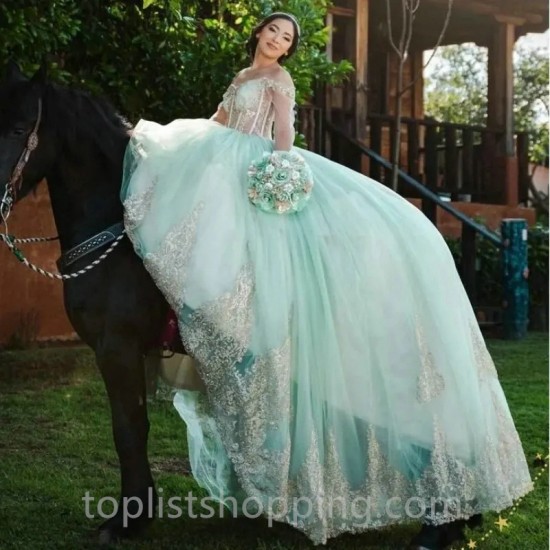 Light Green Off Shoulder Glittered Quinceanera Dress Gold Applique Lace With Cape Long Sleeved