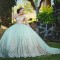 Light Green Off Shoulder Glittered Quinceanera Dress Gold Applique Lace With Cape Long Sleeved